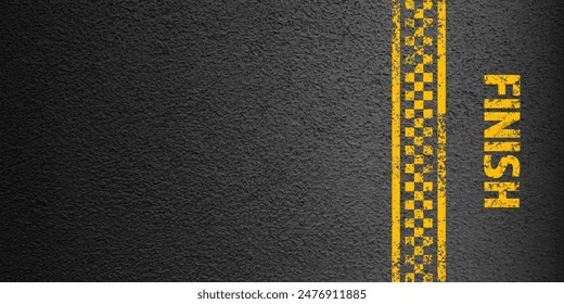 Asphalt road with yellow finish line marking, concrete highway surface, texture. Street traffic lane, road dividing strip. Pattern with grainy structure, grunge stone background. Vector illustration