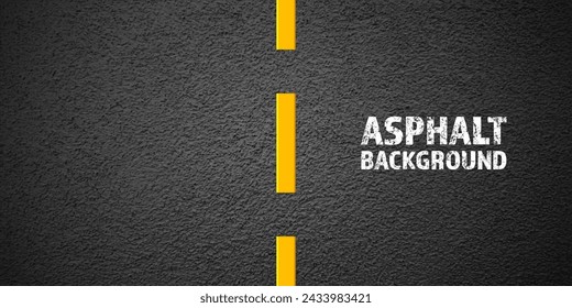 Asphalt road with yellow lane marking, concrete highway surface, texture. Street traffic line, road dividing strip. Pattern with grainy structure, grunge stone background. Vector illustration