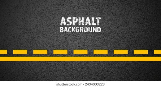 Asphalt road with yellow lane marking, concrete highway surface, texture. Street traffic line, road dividing strip. Pattern with grainy structure, grunge stone background. Vector illustration