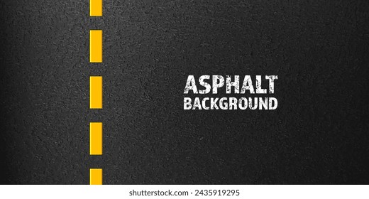 Asphalt road with yellow lane marking, concrete highway surface, texture. Street traffic line, road dividing strip. Pattern with grainy structure, grunge stone background. Vector illustration