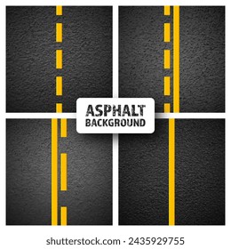 Asphalt road with yellow lane marking, concrete highway surface, texture. Street traffic line, road dividing strip. Pattern with grainy structure, grunge stone background. Vector illustration