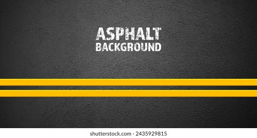 Asphalt road with yellow lane marking, concrete highway surface, texture. Street traffic line, road dividing strip. Pattern with grainy structure, grunge stone background. Vector illustration