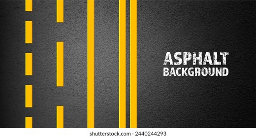 Asphalt road with yellow lane marking, concrete highway surface, texture. Street traffic line, road dividing strip. Pattern with grainy structure, grunge stone background. Vector illustration