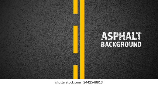 Asphalt road with yellow lane marking, concrete highway surface, texture. Street traffic line, road dividing strip. Pattern with grainy structure, grunge stone background. Vector illustration