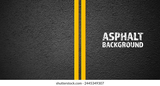 Asphalt road with yellow lane marking, concrete highway surface, texture. Street traffic line, road dividing strip. Pattern with grainy structure, grunge stone background. Vector illustration