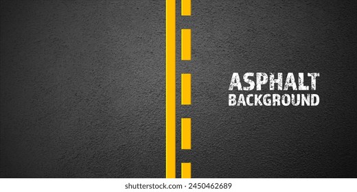 Asphalt road with yellow lane marking, concrete highway surface, texture. Street traffic line, road dividing strip. Pattern with grainy structure, grunge stone background. Vector illustration