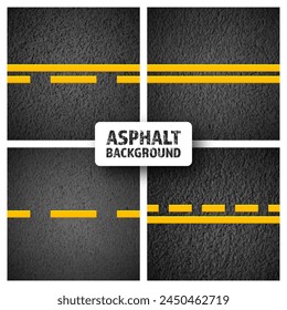 Asphalt road with yellow lane marking, concrete highway surface, texture. Street traffic line, road dividing strip. Pattern with grainy structure, grunge stone background. Vector illustration