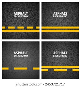 Asphalt road with yellow lane marking, concrete highway surface, texture. Street traffic line, road dividing strip. Pattern with grainy structure, grunge stone background. Vector illustration