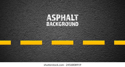 Asphalt road with yellow lane marking, concrete highway surface, texture. Street traffic line, road dividing strip. Pattern with grainy structure, grunge stone background. Vector illustration