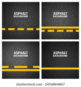 Asphalt road with yellow lane marking, concrete highway surface, texture. Street traffic line, road dividing strip. Pattern with grainy structure, grunge stone background. Vector illustration