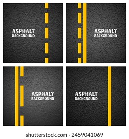 Asphalt road with yellow lane marking, concrete highway surface, texture. Street traffic line, road dividing strip. Pattern with grainy structure, grunge stone background. Vector illustration