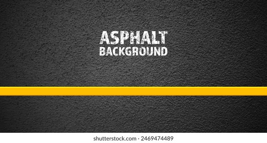 Asphalt road with yellow lane marking, concrete highway surface, texture. Street traffic line, road dividing strip. Pattern with grainy structure, grunge stone background. Vector illustration