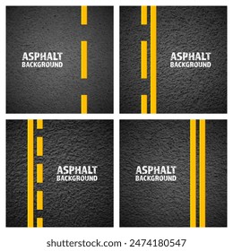 Asphalt road with yellow lane marking, concrete highway surface, texture. Street traffic line, road dividing strip. Pattern with grainy structure, grunge stone background. Vector illustration.