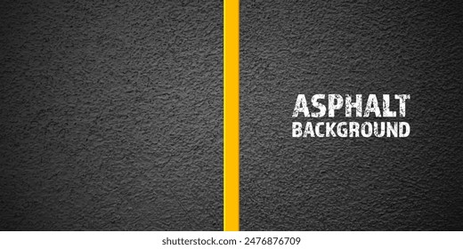 Asphalt road with yellow lane marking, concrete highway surface, texture. Street traffic line, road dividing strip. Pattern with grainy structure, grunge stone background. Vector illustration