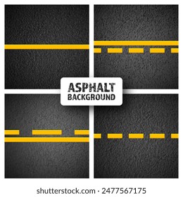 Asphalt road with yellow lane marking, concrete highway surface, texture. Street traffic line, road dividing strip. Pattern with grainy structure, grunge stone background. Vector illustration