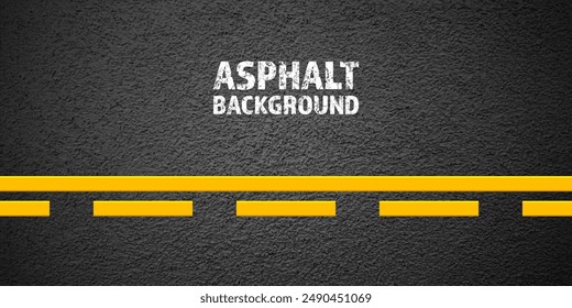 Asphalt road with yellow lane marking, concrete highway surface, texture. Street traffic line, road dividing strip. Pattern with grainy structure, grunge stone background. Vector illustration