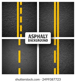 Asphalt road with yellow lane marking, concrete highway surface, texture. Street traffic line, road dividing strip. Pattern with grainy structure, grunge stone background. Vector illustration