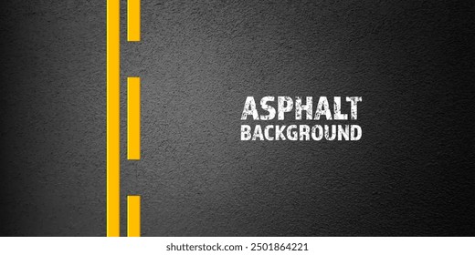 Asphalt road with yellow lane marking, concrete highway surface, texture. Street traffic line, road dividing strip. Pattern with grainy structure, grunge stone background. Vector illustration