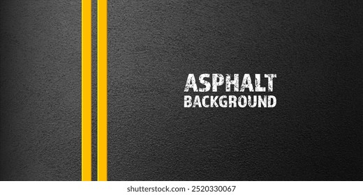 Carretera de asfalto con marca de carril amarillo, superficie de carretera de hormigón, textura. Línea de tráfico de la calle, franja divisoria de la carretera. Patrón con estructura granulada, fondo de piedra grunge. Ilustración vectorial