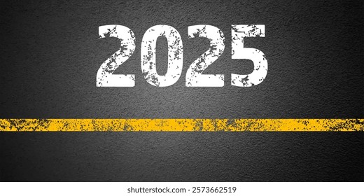 Asphalt road with yellow lane marking, concrete highway surface, texture. New year 2025. Street traffic line, road dividing strip. Pattern grainy structure, grunge background. Vector illustration