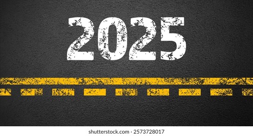 Asphalt road with yellow lane marking, concrete highway surface, texture. New year 2025. Street traffic line, road dividing strip. Pattern grainy structure, grunge background. Vector illustration