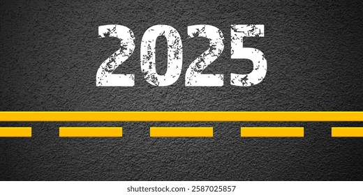 Asphalt road with yellow lane marking, concrete highway surface, texture. New year 2025. Street traffic line, road dividing strip. Pattern grainy structure, grunge background. Vector illustration