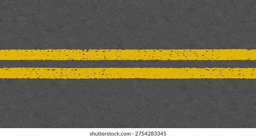 Asphalt road with yellow lines, seamless highway texture. Double lane, asphalt road marking. Grunge linear highway markings, top view. Grey background with painted yellow stripes, vector illustration