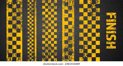 Asphalt road with yellow start or finish checkered line marking, concrete highway surface, texture. Street traffic lane, road dividing strip. Pattern with grainy structure. Vector illustration