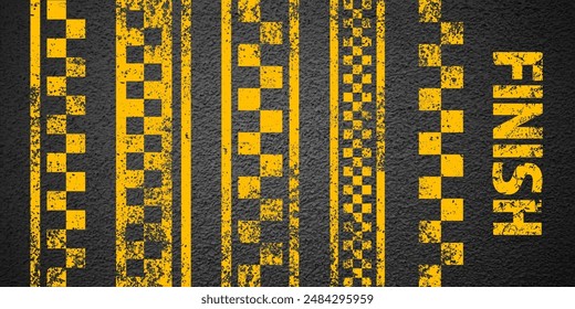 Asphalt road with yellow start or finish checkered line marking, concrete highway surface, texture. Street traffic lane, road dividing strip. Pattern with grainy structure. Vector illustration