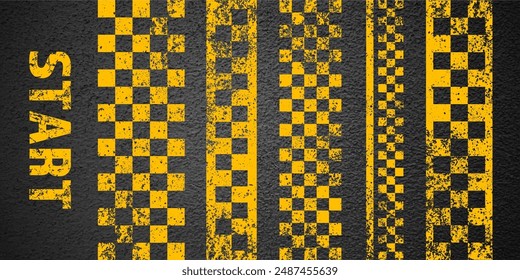 Asphalt road with yellow start or finish checkered line marking, concrete highway surface, texture. Street traffic lane, road dividing strip. Pattern with grainy structure. Vector illustration