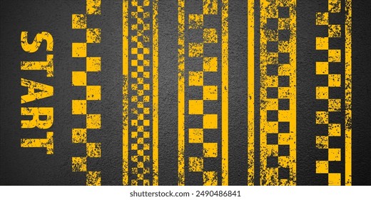 Asphalt road with yellow start or finish checkered line marking, concrete highway surface, texture. Street traffic lane, road dividing strip. Pattern with grainy structure. Vector illustration