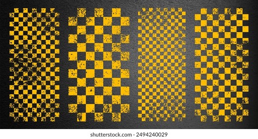 Asphalt road with yellow start or finish checkered line marking, concrete highway surface, texture. Street traffic lane, road dividing strip. Pattern with grainy structure. Vector illustration.