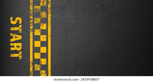 Asphalt road with yellow start line marking, concrete highway surface, texture. Street traffic lane, road dividing strip. Pattern with grainy structure, grunge stone background. Vector illustration