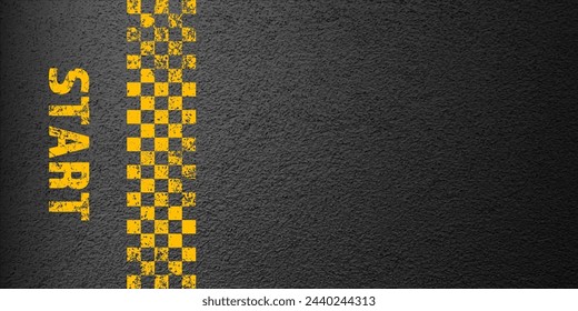 Asphalt road with yellow start line marking, concrete highway surface, texture. Street traffic lane, road dividing strip. Pattern with grainy structure, grunge stone background. Vector illustration