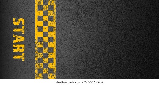 Asphalt road with yellow start line marking, concrete highway surface, texture. Street traffic lane, road dividing strip. Pattern with grainy structure, grunge stone background. Vector illustration