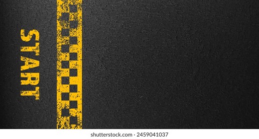 Asphalt road with yellow start line marking, concrete highway surface, texture. Street traffic lane, road dividing strip. Pattern with grainy structure, grunge stone background. Vector illustration