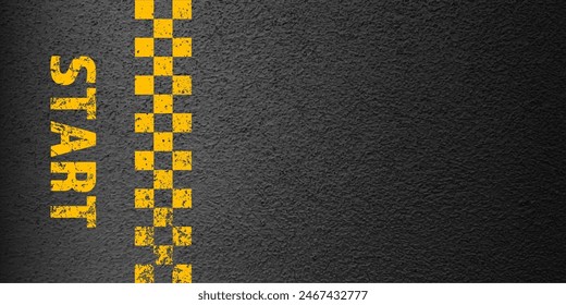 Asphalt road with yellow start line marking, concrete highway surface, texture. Street traffic lane, road dividing strip. Pattern with grainy structure, grunge stone background. Vector illustration