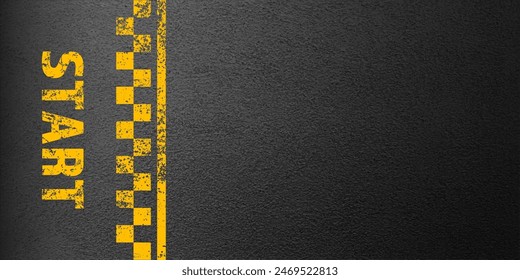 Asphalt road with yellow start line marking, concrete highway surface, texture. Street traffic lane, road dividing strip. Pattern with grainy structure, grunge stone background. Vector illustration