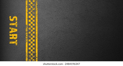 Asphalt road with yellow start line marking, concrete highway surface, texture. Street traffic lane, road dividing strip. Pattern with grainy structure, grunge stone background. Vector illustration