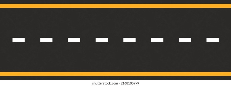 Asphalt road with yellow and white marking lines. Top view template. Vector stock illustration.