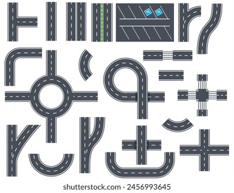 Elementos de diseño de carreteras de asfalto para el mapa de la ciudad. Calle y carretera con senderos y cruces. Elementos para mapa de la ciudad. Carretera asfaltada camino calles de tráfico. Ilustración vectorial en estilo plano