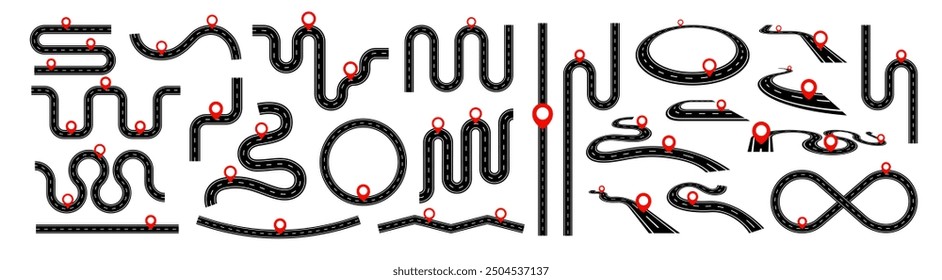 Asphalt roads set with pin on it. Highway with markings. Direction, transportation set. Abstract concept graphic element. Way location infographic template