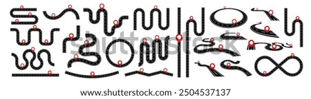Asphalt roads set with pin on it. Highway with markings. Direction, transportation set. Abstract concept graphic element. Way location infographic template
