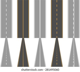 Asphalt roads, with traffic surface marking lines, normal and perspective view