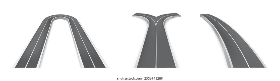 Estradas de asfalto com duas faixas. Conjunto isolado vetorial de passagens realistas ou caminhos para viajar. Carros e veículos rodovia ou pista para corrida. Caminho reto e curvo para a rota de automóveis