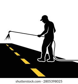 Asphalt Seal Coating and Striping emblem logo. Worker spraying slurry tar on street vector illustration.