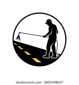 Asphalt Seal Coating and Striping emblem logo. Worker spraying slurry tar on street vector illustration.