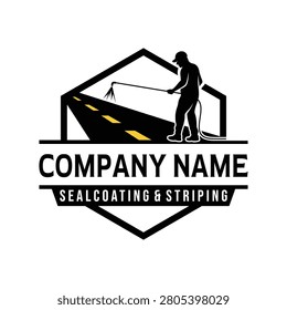 Asphalt Seal Coating and Striping emblem logo. Worker spraying slurry tar on street vector illustration.