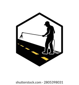 Asphalt Seal Coating and Striping emblem logo. Worker spraying slurry tar on street vector illustration.