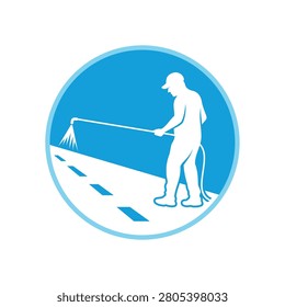Asphalt Seal Coating and Striping emblem logo. Worker spraying slurry tar on street vector illustration.